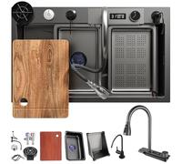 Lavello a cascata moderno nero - 1 lavabo in acciaio inox rettangolare scarico e troppopieno set accessorio multifunzionale incluso (75 x 50 cm) per bagni eleganti