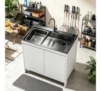 Lavello a Colonna con Mobiletto Inox & Alluminio, Miscelatore Caldo/Freddo per Balcone, Lavanderia e Cucina BBQ
