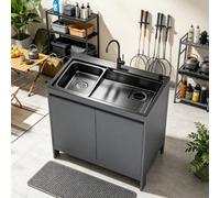 Lavello a Colonna con Mobiletto Inox & Alluminio, Miscelatore Caldo/Freddo per Balcone, Lavanderia e Cucina BBQ