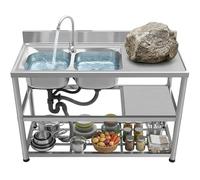 Lavello a doppia vasca in acciaio inox non magnetico con triplo ripiano portaoggetti, lavello professionale multiuso per toelettatura animali e officina agricola