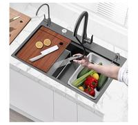 Lavello a Gradini con Zone Profonde E Poco Include Tagliere Lavandino in Acciaio Inossidabile Design Manopola Linea Guida a X Funzione Estraibile Goffratura a Grana di Riso(30.7x18.1")