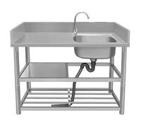 Lavello a vasca singola in acciaio inox con banco da lavoro e doppi ripiani, design autoportante per uso in bagno ristorante