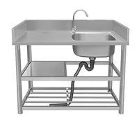 Lavello a vasca singola in acciaio inox con banco da lavoro e doppi ripiani, design autoportante per uso in bagno ristorante