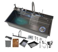 Lavello a vasca singola o da appoggio in acciaio inox con cestello di scarico, tagliere, lavello per verdure e rubinetto multifunzione estraibile (Black-Left side, 100x50) (black, 100x50)