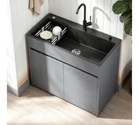 Lavello Autoportante e Mobile, Acciaio Inox, 65/80cm | Set utility completo con vano, miscelatore, scolapiatti, tubi. Interno/esterno(L:68cm)