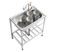 Lavello Autoportante in Acciaio Inox a Singola Vasca, con Rubinetto Miscelatore Acqua Calda/Fredda e Scarico, Postazione Lavello Commerciale per Garage, Ristorante, Lavanderia, Interno/Esterno