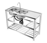 Lavello autoportante in acciaio inox con mobiletto inferiore, doppio lavello con rubinetto regolabile a 360°, lavello commerciale, 2 vasche, 120 x 45 x 80 cm, per cucina, campeggio, esterni