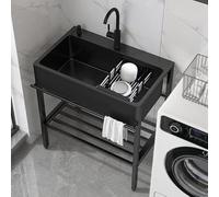 Lavello Autoportante in Acciaio Inox, Vasca per Lavanderia A Vasca Singola Nera, con Rubinetto dell'Acqua Calda Fredda, Lavabo da Bagno, Stazione di Lavaggio delle Mani, P, One Color, 68x45x86cm