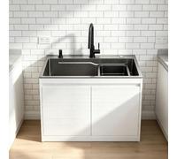 Lavello Autoportante, Mobile Bianco, Acciaio Inox, 65/80cm | Vano incluso, miscelatore, scolapiatti, kit scarico. Cucina/terrazzo/garage/giardino(L:68cm)