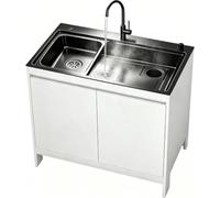Lavello Autoportante Multiattrezzo con Mobile di Supporto, Vasca Singola Inox con Rubinetto e Dosatore, Mobiletto Salvaspazio per Lavatoio, Garage e Giardino