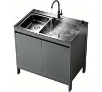 Lavello Autoportante Multiattrezzo con Mobile di Supporto, Vasca Singola Inox con Rubinetto e Dosatore, Mobiletto Salvaspazio per Lavatoio, Garage e Giardino