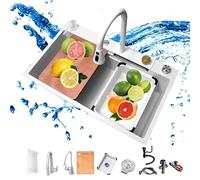 Lavello bianco Cosite con rubinetto in acciaio inox, 67,8 x 45 cm, design a cascata Ele, per cucine e bagni moderni, facile da pulire