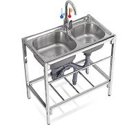 Lavello commerciale a 2 scomparti Lavello multifunzionale da bar, lavello di servizio in acciaio inox con rubinetto girevole a 360° caldo e freddo, per esterni, interni, garage