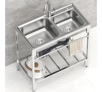 Lavello commerciale in acciaio inox 304 a 2 scomparti, autoportante, per garage, ristorante, cucina, lavanderia, all'aperto