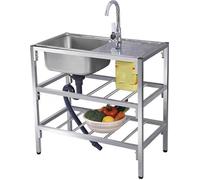 Lavello con banco da lavoro e ripiani portaoggetti, autoportante, per catering, commerciale, con rubinetto, per cucina, garage, cantina e uso esterno