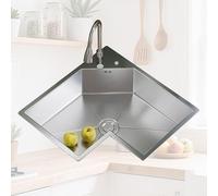 Lavello Cucina 1 Vasca Angolare in Acciaio Inox, Lavandino da Bar da Incasso/da Appoggio, Vasca Singola con Rubinetto Girevole a 360°, for Ristoranti, Bar, Hotel