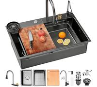 Lavello Cucina 1 Vasca Moderno 70x50cm, Grande Cascata a Lavello in Acciaio Inox, Lavelli Cucina Multifunzione, con Rubinetto Estraibile, Gocciolatoio, Aifone e Set di Drenaggio (Kitchen Sink)