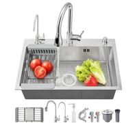 Lavello cucina 1 vasca multifunzionale in acciaio inox argento con miscelatore estraibile, dispenser di sapone, rubinetto per acqua purificata e set di accessori (75 × 45 cm)