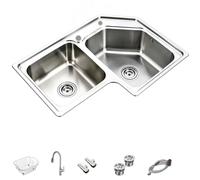 Lavello Cucina 2 Vasche, in Acciaio Inox 304 A Lavello Angolare | Realizzato in un Unico Pezzo, Rubinetto Estraibile per Acqua Calda e Fredda e Cestello di Scarico, per Casa e Appartamento