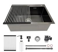 Lavello Cucina 60x45 cm Acciaio Inox Nero Antracite 1 Vasca con Scolapiatti,Lavandino Cucina Compatto con Dispenser Sapone e Sifone,Lavello Cucina Piccolo Moderno,Installazione da Incasso o Sottopiano