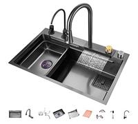 Lavello Cucina 75x45 cm con Effetto Cascat,Lavello Moderno e Multifunzionale Workstation,Lavello in Acciaio Inox 1 Vasca con Rubinetto,Tagliere,Bacino di Scolatura,Dispenser Sapone e Lavabicchieri