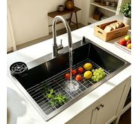 Lavello Cucina 80×50 cm in Acciaio Inox 1 Vasca con Rubinetto Estraibile,Set Completo con Scolapiatti,Griglia Scarico,Dispenser Sapone e Kit Scarico,Lavabo Cucina Nero Antracite,Appoggio o Sottopiano