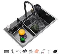 Lavello Cucina 80x45 cm con Effetto Cascata,Lavello Moderno Multifunzionale Workstation in Acciaio Inox 1 Vasca con Rubinetto Estraibile,Tagliere,Bacino di Scolatura,Dispenser Sapone e Lavabicchieri