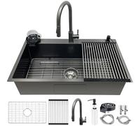 Lavello Cucina 85×50 cm in Acciaio Inox 1 Vasca con Rubinetto Estraibile,Set Completo con Scolapiatti,Griglia Scarico,Dispenser Sapone e Kit Scarico,Lavabo Cucina Nero Antracite,Appoggio o Sottopiano