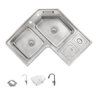 Lavello Cucina Angolare Professionale, Doppia Vasca in Acciaio Inox 304, 80x80 Cm, Design a L, Include Scolapiatti, Vasca di Scongelamento e Cestino