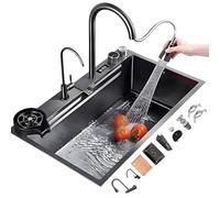 Lavello Cucina In Acciaio Inox, Postazione Di Lavoro Monovasca | Con rubinetto estraibile a cascata e display digitale(Black-b,68x45cm)