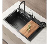 Lavello Cucina In Acciaio Inox, Postazione Di Lavoro Monovasca | Con rubinetto estraibile a cascata e display digitale(Black-a,80x45cm)