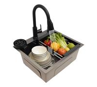 Lavello Cucina Multifunzione Nero, Lavello 1 Vassoio con Miscelatore | Getti, Sciacqua-Tazze, Dispenser Sapone - Acciaio Inox 201 Antigraffio, Silenzioso, 50 x 45 x 20 cm, Incassabile per Cucina