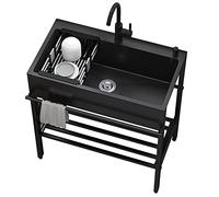 Lavello Cucina Nero con 1 vasca,68x45x86cm Lavandino in Acciaio Inox con Scolapiatti,Lavabo di Utilità con Rubinetto,Lavelli Commerciale Autoportante,Lavatoio da Giardino Campeggio,per Interni Esterni