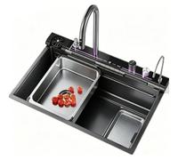 Lavello Cucina Nero Inox 201 con Rubinetto a Cascata Digitale | Vasca profonda con rubinetto a cascata, display temperatura e scarico inferiore destro.(31.5x17.7in)