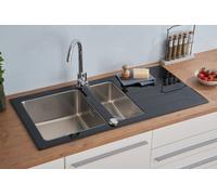 Lavello Cucina Vetro Acciaio Inox Lavandino 100 x 50 Nero respekta New York