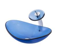Lavello da bagno Lavello in vetro temperato blu Lavello da banco Combo Installazione da banco ovale Vasca da bagno Vanity Sink Art Basin con rubinetto a cascata in ottone cromato Scarico pop-up