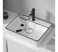 Lavello da bagno sopra il bancone, rettangolare, moderno, in porcellana, con rubinetto estraibile, design di drenaggio sul lato sinistro, per cucina, ristorante, fattoria, lavanderia