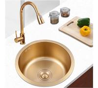 Lavello da Bar Rotondo a Vasca Singola Lavello da Cucina in Acciaio Inossidabile 304 Dorato da 14" con Rubinetto e Scarico Dorato 5 opzioni di Confezione (Colore: D, Dimensioni: 36x36x19 cm