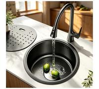 Lavello da bar rotondo compatto con rubinetto, in acciaio inox con coperchio, piccolo lavello da cucina per isola bar, piccoli spazi (nero, grigio, 1,40 cm)