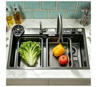 Lavello da cascata nero, Display digitale a LED Lavello Cucina 1 Vasca in Acciaio Inox 75x45cm, lavandino del bar multifunzionale Con Manopole di controllo, sifone e Set di Drenaggio, e vari accessor