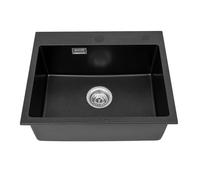 Lavello da cucina 1 lavandino da incasso, 55 x 45 cm, con rubinetto, pietra al quarzo, lavello in granito da incasso, lavello mineralite, con un arco, colore nero, robusta superficie in composito di