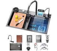 Lavello da cucina 68 × 45 cm con cascata, rubinetto a cascata LED per posto di lavoro, tagliere mobile e lavello ad alta pressione, compatto e multifunzionale