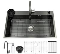 Lavello da cucina 85 x 50 cm, in acciaio inox nero antracite, 1 lavello da incasso, grande lavello da cucina con rubinetto, scolapiatti, lavastoviglie per bicchieri, dispenser di sapone, sifone e