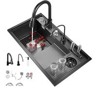 Lavello da cucina, 86 x 50 cm, 1 vasca, con gradino, lavello nano nero, in acciaio inox, multifunzione, con rubinetto da cucina estensibile 3 in 1, dispenser di sapone, sifone, pulsante di controllo