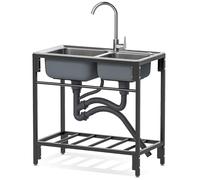 Lavello da cucina a 2 scomparti, in acciaio inox, con rubinetto e ripiani, anti-troppopieno, per ristoranti, caffetterie, bar, hotel, garage, lavanderia, esterni, 83 x 44 x 85 cm