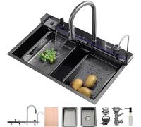 Lavello da cucina a cascata 75 x 45 cm, 1 vasca in acciaio inossidabile nero antracite, lavello da cucina con rubinetto integrato, display digitale, cestello di scarico, lavello interno di ricambio