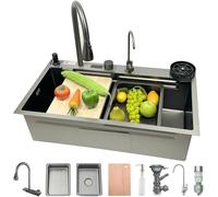 Lavello da cucina a cascata, 80 x 45 cm, 1 lavandino in acciaio inox, colore nero, antracite, con rubinetto sinistro, componente di scarico sinistro, lavello da cucina con cestello di scarico, vasca