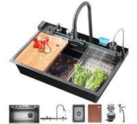 Lavello da cucina a cascata 80 x 50 cm, 1 lavello in acciaio inox, nero, grigio pistola con rivestimento nano, indicatore di temperatura, coppa Washer, troppopieno, sifone e scarico - moderno set di