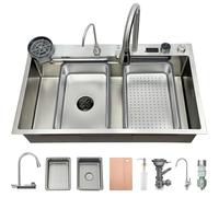 Lavello da cucina a cascata, 80 x 50 cm, in acciaio inox spazzolato 304, con schermo digitale, grande bacino con cestino di scarico, vassoio di scarico, tagliere, sifone, componente di scarico