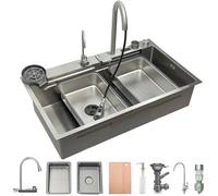 Lavello da cucina a cascata, 80 x 50 cm, in acciaio inox spazzolato 304, con schermo digitale, lavello da cucina con cestello di scarico, lavandino, tagliere, sifone, componente di scarico